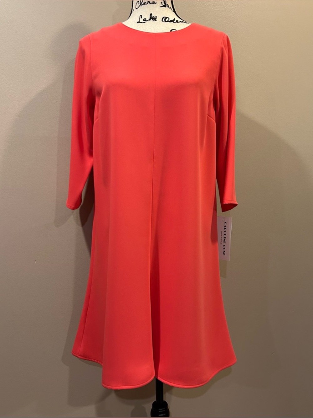 Caroline Rose Julia Matte Crepe 3/4 Ruffle Sleeve Shift Round Neck Shift Dress